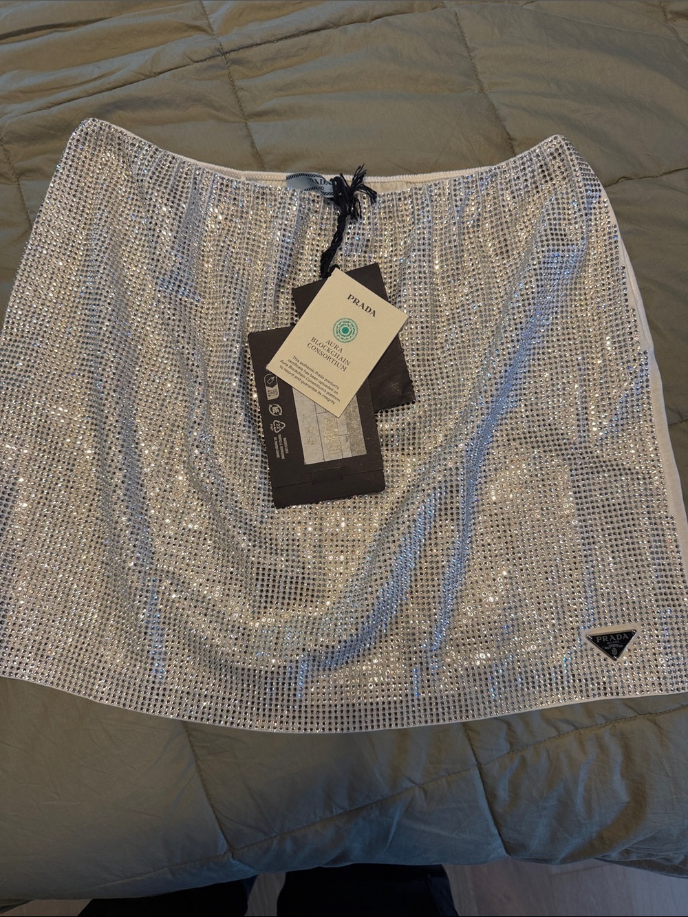 Prada Silver Rhinestone Mesh Mini Skirt